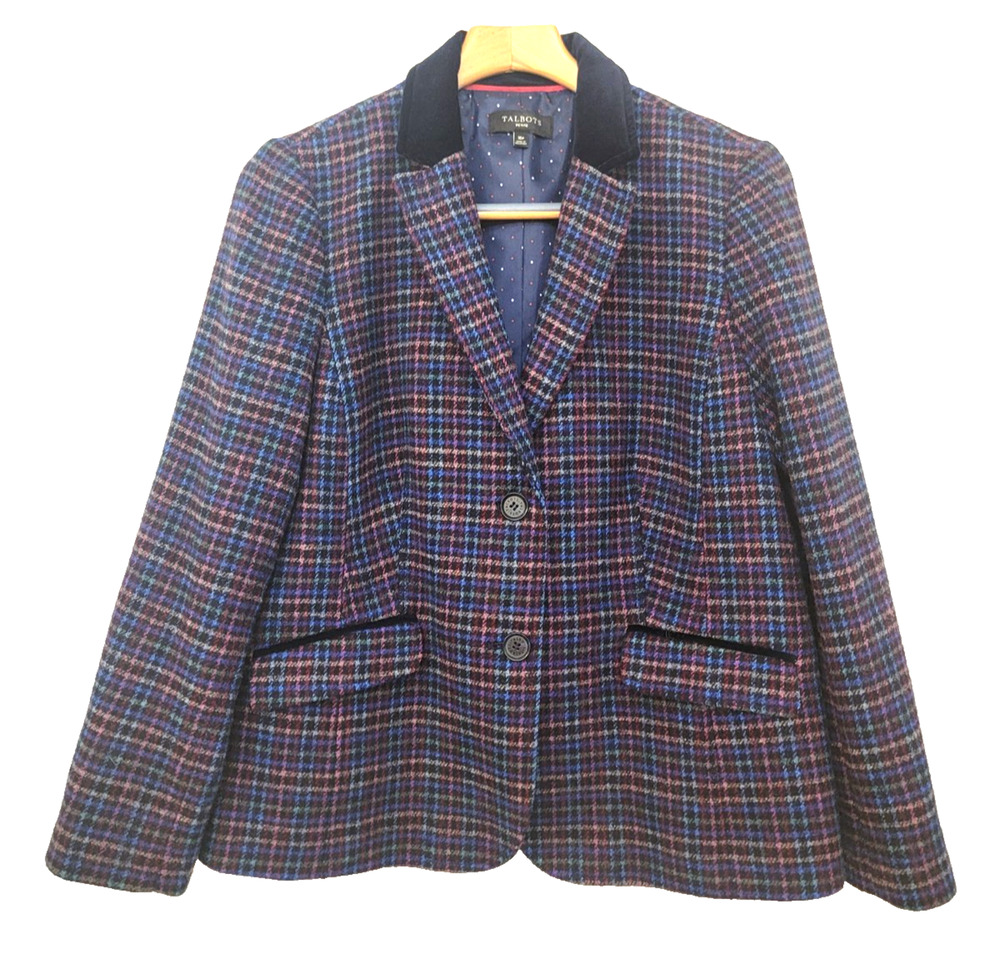 Talbots Womens Blazer Jacket 16P Blue Pink Plaid Check Wool Blend Velvet Trim